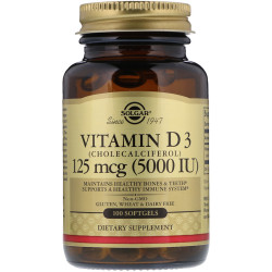 Вітамін D3 (холекальциферол) 125 мкг, Solgar Вітамін D3, 100 гелевих капсул