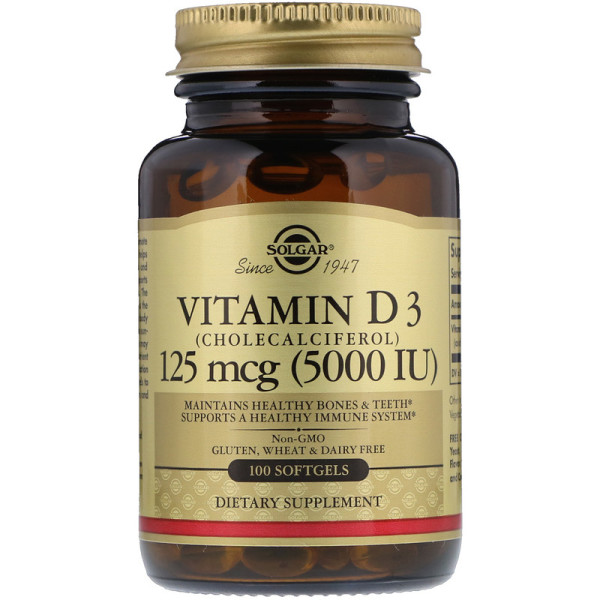 Вітамін D3 (холекальциферол), Vitamin D3, Solgar, 125 мкг (5000 МО), 100 гелевих капсул