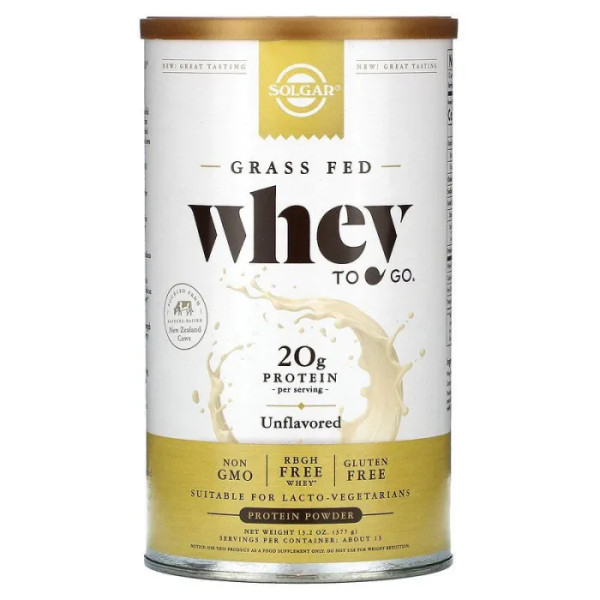 Сироватковий протеїн, Grass Fed, Whey To Go, Solgar, порошок без смаку, 377 г