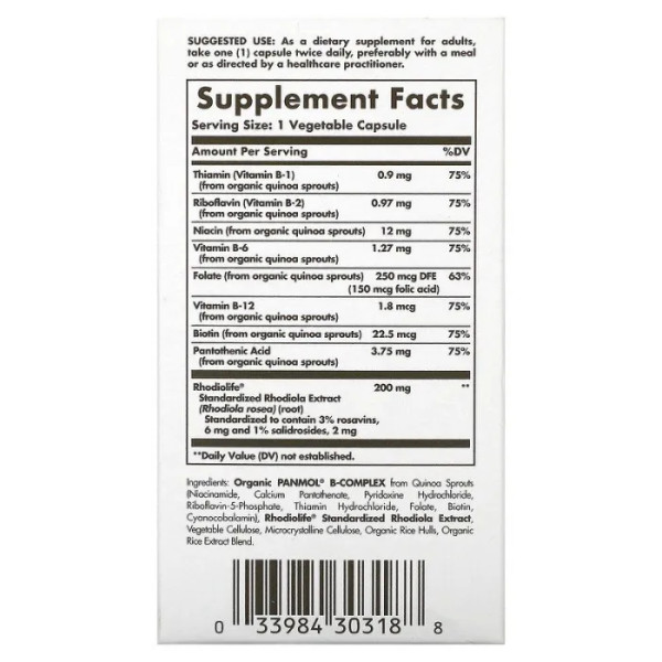 Родіола та B-комплекс, Rhodiola & B-Complex, Solgar, щоденна підтримка при стресі, 60 рослинних капсул