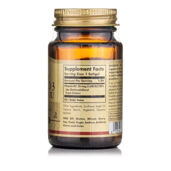 Вітамін D3 веганський, Vegan Vitamin D3, Solgar, 25 мкг (1000 МО), 60 веганських гелевих капсул
