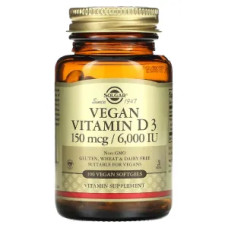 Вітамін D3 веганський 150 мкг 6000 МО, Vegan Vitamin D3 Solgar, 100 веганських капсул