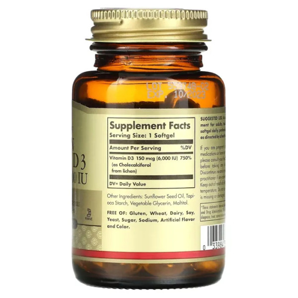 Вітамін D3 веганський, Vegan Vitamin D3, Solgar, 150 мкг\/6000 МО, 100 веганських капсул