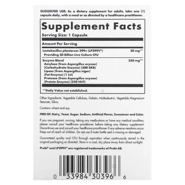 Пробіотики плюс ферменти, Probi Plus Enzyme, Solgar, комплекс, 20 млрд КУО, 30 капсул