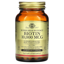 Биотин 10000 мкг, Solgar Biotin, сверхвысокой эффективности, 120 растительных капсул