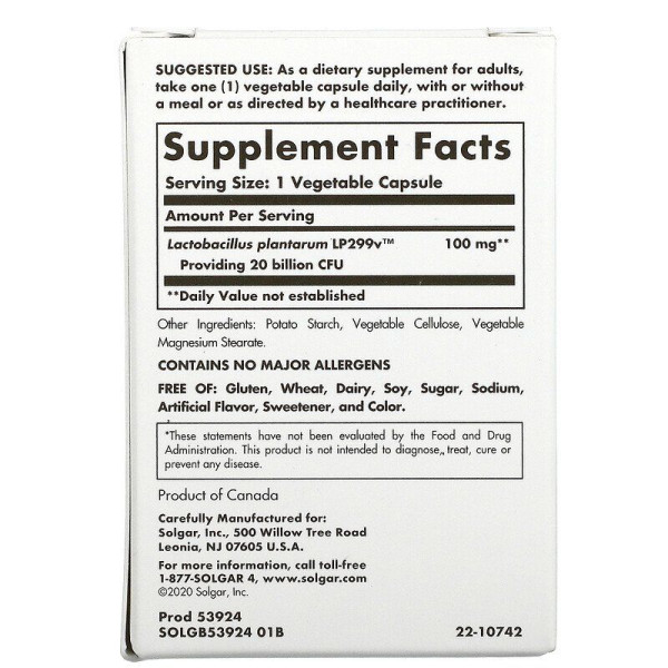 Пробіотики, Probi20, Solgar, 20 млрд, 30 вегетаріанських капсул