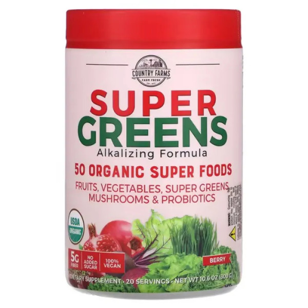 Суперфуд, Super Greens, Alkalizing Formula, Country Farms, підлужуюча формула, зі смаком ягід, 300 г