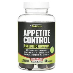 Контроль аппетита жевательные с пребиотиками, DietWorks Appetite Control Prebiotic Gummies, вкус малина 60 жевательных конфет