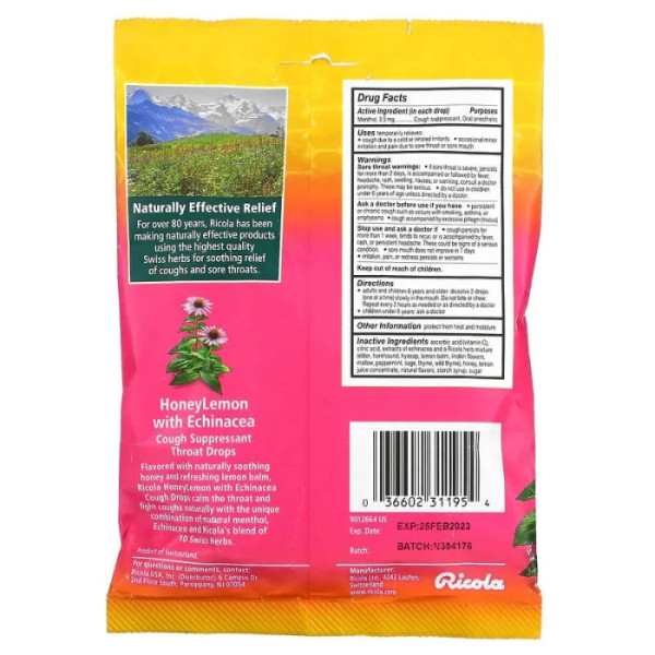 Льодяники від кашлю і болю в горлі з ехінацеєю, Cough Suppressant, Ricola, 19 шт