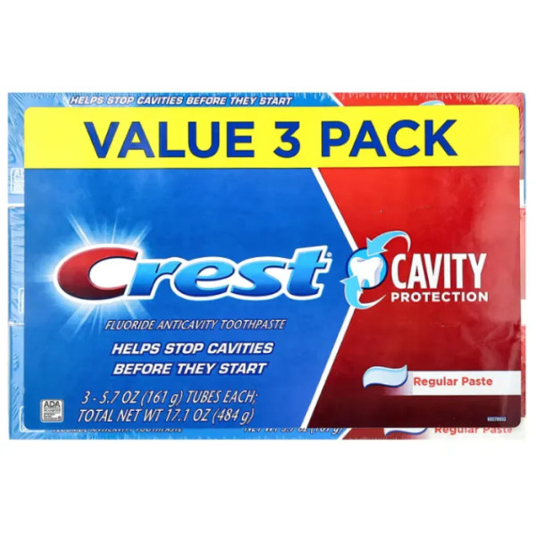 Зубна паста з фтором, звичайна, Cavity Protection, Fluoride Anticavity Toothpaste, Regular Paste, 3 Pack, Crest, проти карієсу, 3 тюбики по 161 г