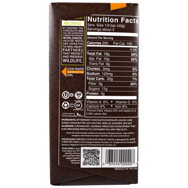 Чорний шоколад з морською сіллю і мигдалем, Dark Chocolate, Endangered Species Chocolate, 85 г