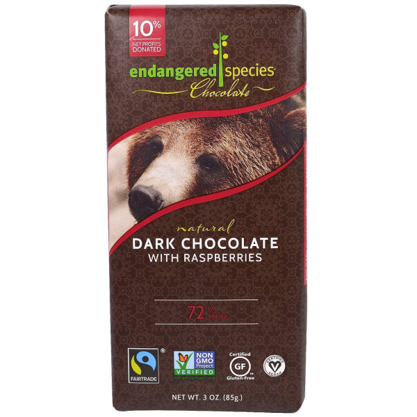 Чорний шоколад з малиною, Dark Chocolate, Endangered Species Chocolate, 85 г