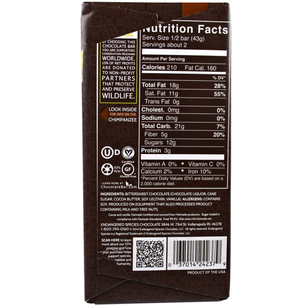 Чорний шоколад, Dark Chocolate, Endangered Species Chocolate, 85 г