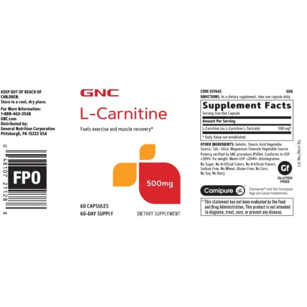 L-карнітин, L-Carnitine, GNC, 500 мг, 60 капсул