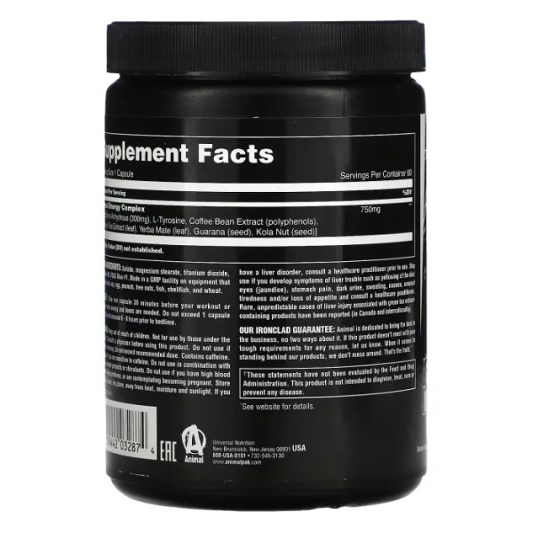Передтренувальний комплекс, енергетична формула, кофеїн, Animal Energy, Universal Nutrition, 60 капсул