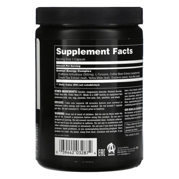 Передтренувальний комплекс, енергетична формула, кофеїн, Animal Energy, Universal Nutrition, 60 капсул