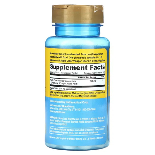 Яблучний оцет, Apple Cider Vinegar, Nature's Life, 250 мг, 100 таблеток