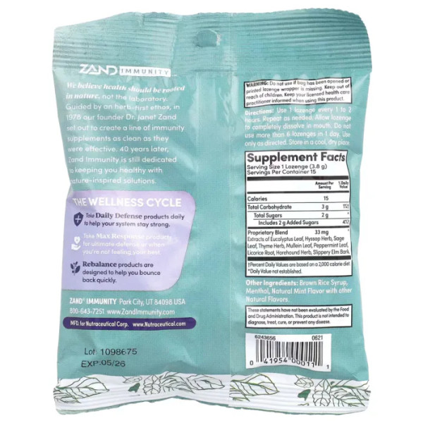 Леденцы со вкусом ментола, Herbalozenge, Zand, смесь 9 трав, успокаивающие, 15 веганских пастилок для горла