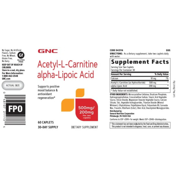 Ацетил-L-карнітин + Альфа-ліпоєва кислота, Acetyl-L-Carnitine & Аlpha-Lipoic Acid, GNC, 500 мг \/ 200 мг, 60 капсул