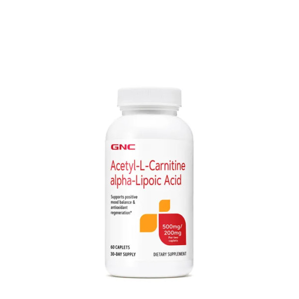 Ацетил-L-карнітин + Альфа-ліпоєва кислота, Acetyl-L-Carnitine & Аlpha-Lipoic Acid, GNC, 500 мг \/ 200 мг, 60 капсул