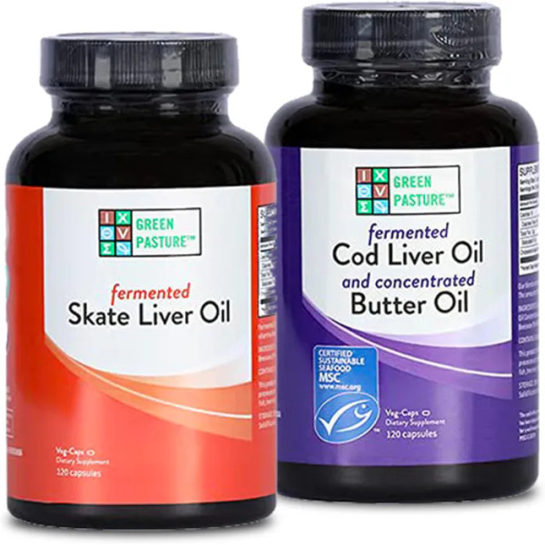 Олія печінки скату (Skate Liver Oil) + Олія печінки тріски (Cod Liver Oil), Green Pasture, ферментована, з вітамінами A і D, EPA, DHA, омега-жирними кислотамикомплект, 2 пляшки по 120 нежелатинових капсул