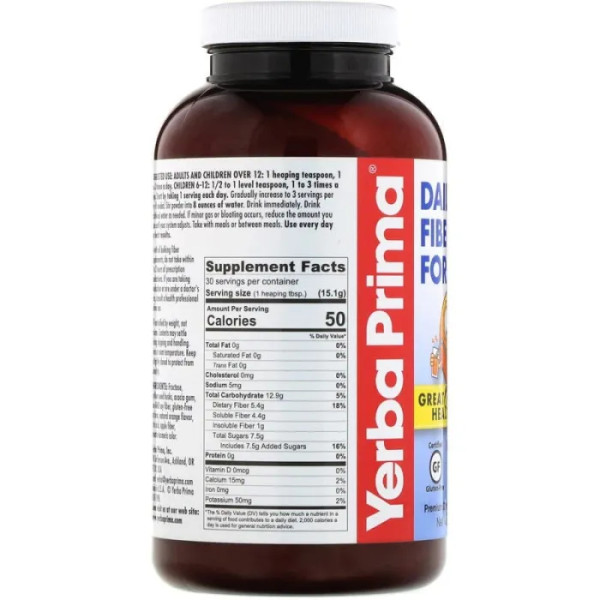 Товста кишка, волокна зі смаком апельсина, Daily Fiber Formula, Yerba Prima, 453 гр.