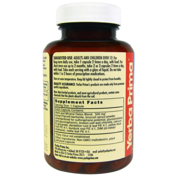 Бентонит, травяной детокс, Bentonite + Herbal Detox, Yerba Prima, 60 капсул