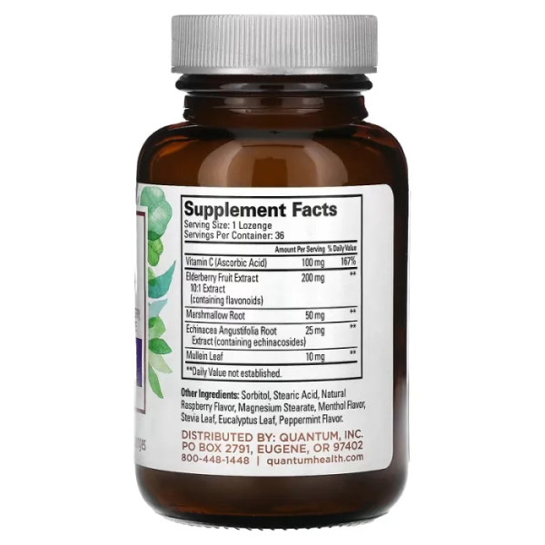 Бузина+ Імунний захист, Elderberry+ Immune Defense, Quantum Health, з вітаміном C та ехінацеєю, зі смаком малини, 36 льодяників