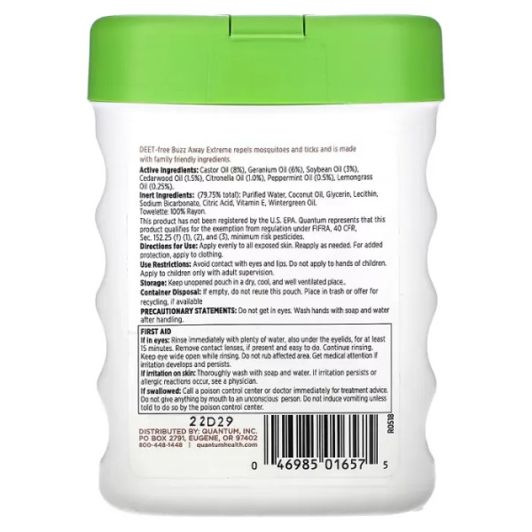 Захист від комах без ДЕА, Buzz Away Extreme, Quantum Health, 25 серветок