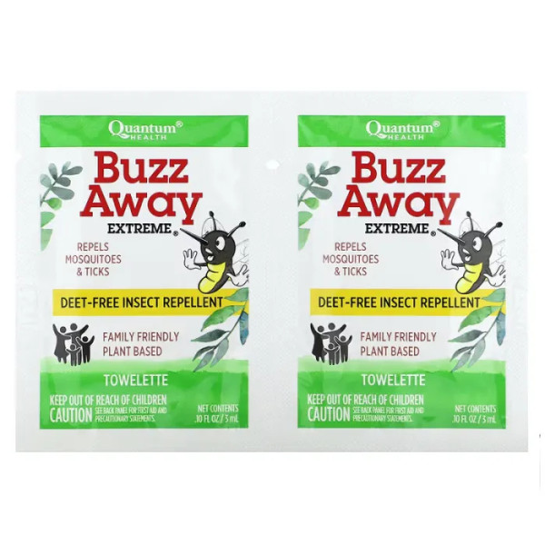 Захист від комарів та кліщів, Buzz Away Extreme, Quantum Health, без ДІТ, 12 окремих серветок