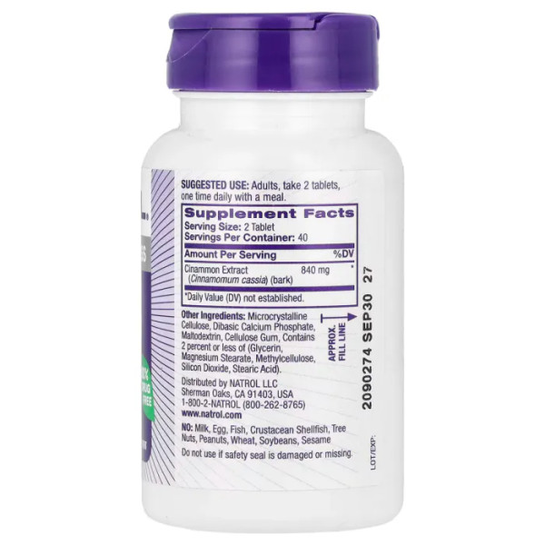 Кориця, Cinnamon Extract, Natrol, екстракт, 840 мг, 80 таблеток (420 мг у таблетці)