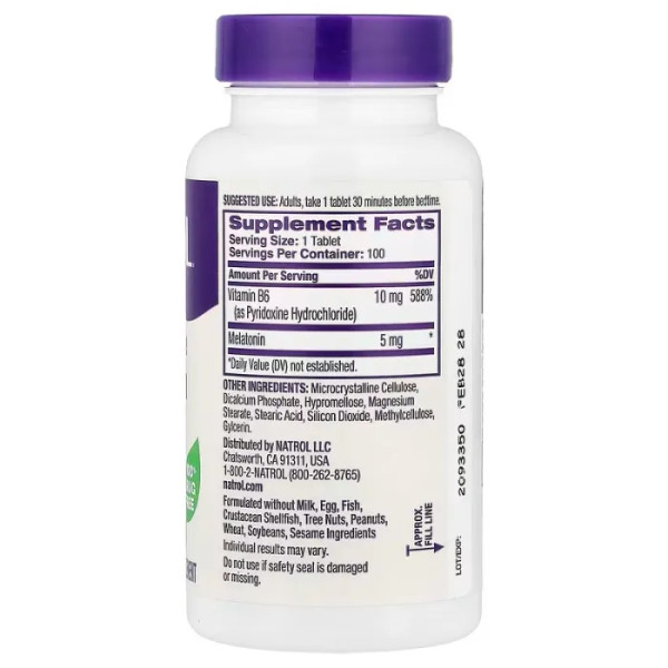 Мелатонін, Melatonin, Natrol, повільне вивільнення, підвищена сила дії, 5 мг, 100 таблеток