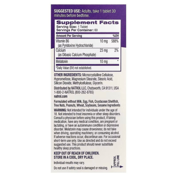Мелатонін, Melatonin, Natrol, повільне вивільнення, 10 мг, 60 таблеток