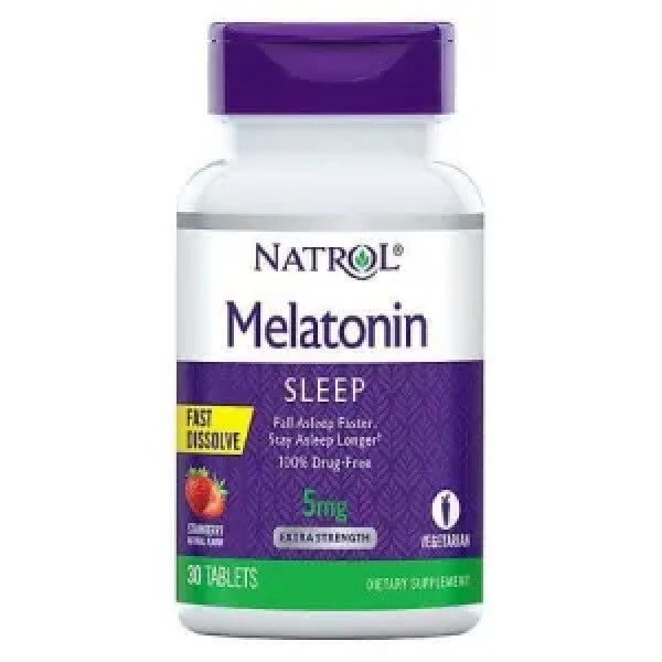 Мелатонін, Melatonin, Natrol, швидкорозчинний, смак полуниці, 5 мг, 30 таблеток