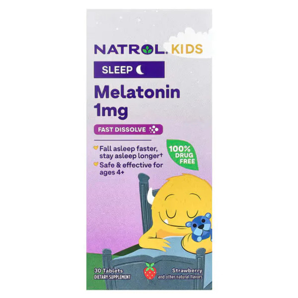 Мелатонін для дітей від 4 років, Melatonin, Fast Dissolve, Natrol, швидкорозчинний, зі смаком полуниці, 30 вегетаріанських таблеток