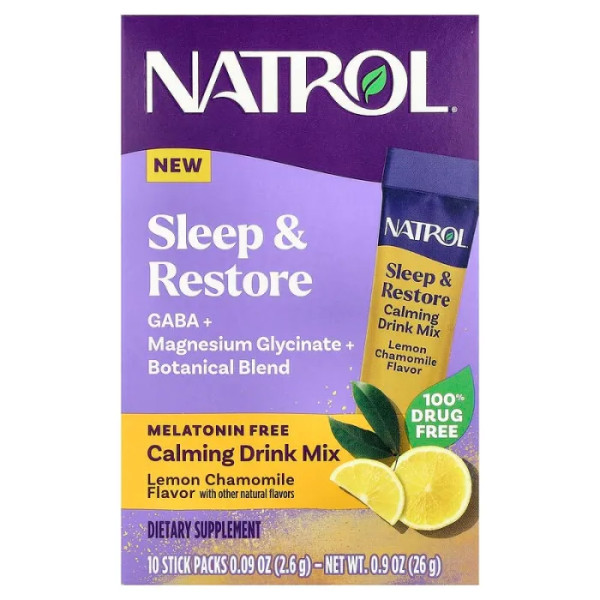 Поліпшення сну, з лимоном та ромашкою, Sleep & Restore, Natrol, заспокійлива питна суміш, без мелатоніну, 10 пакетиків (по 2,6 г кожен)