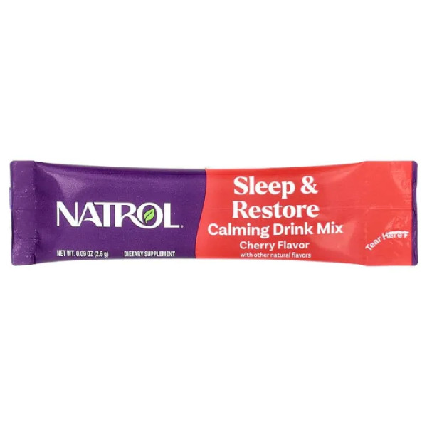 Поліпшення сну та відновлення, Sleep & Restore, Natrol, заспокійлива суміш для напоїв, без мелатоніну, смак вишні, 10 пакетиків (по 2,6 г кожен)