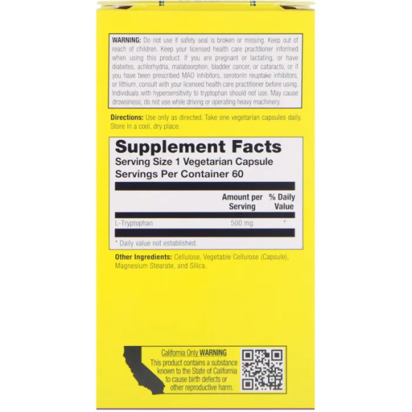 L-триптофан, L-Tryptophan, Natural Balance, 500 мг, 60 рослинних капсул