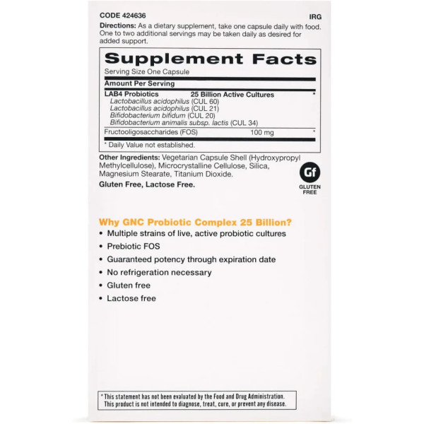 Пробіотик + пребіотики, Probiotic Complex Daily Need, GNC, 25 млрд. КУО, 60 вегетаріанських капсул