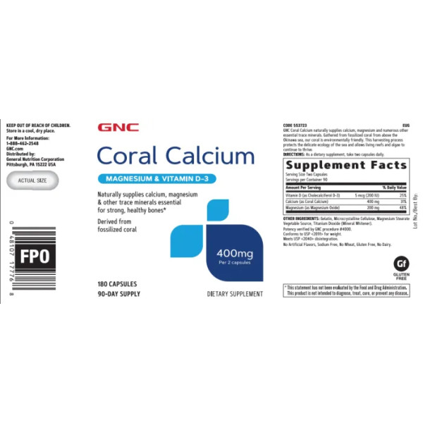 Кораловий кальцій, підтримка здоров'я кісток, Coral Calcium, GNC, 400 мг, 180 капсул