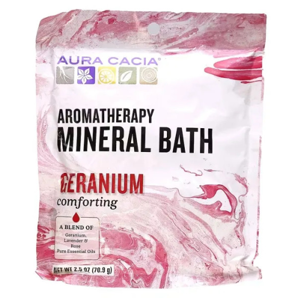 Солі для ванн, Mineral Bath, Aura Cacia, ароматерапевтична, мінеральна, заспокійлива герань, 70.9 г
