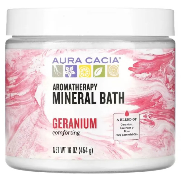Солі для ванн, Mineral Bath, Aura Cacia, ароматерапевтична, мінеральна, заспокійлива герань, 454 г
