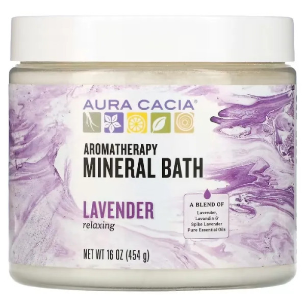 Солі для ванн, Mineral Bath, Aura Cacia, ароматерапевтична, мінеральна, розслаблююча лаванда, 454 г