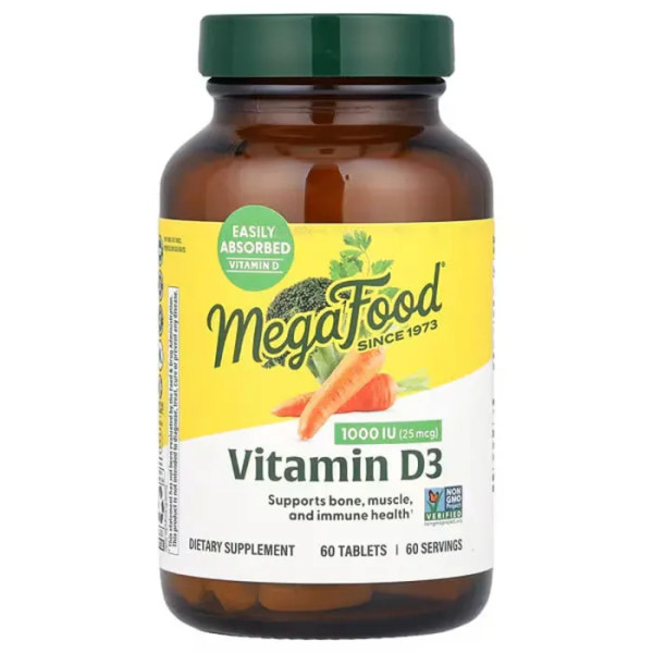 Вітамін D3, Vitamin D3, MegaFood, 25 мкг (1000 МО), 60 таблеток