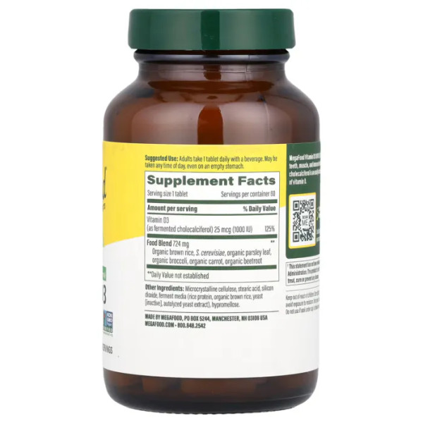 Вітамін D3, Vitamin D3, MegaFood, 25 мкг (1000 МО), 60 таблеток