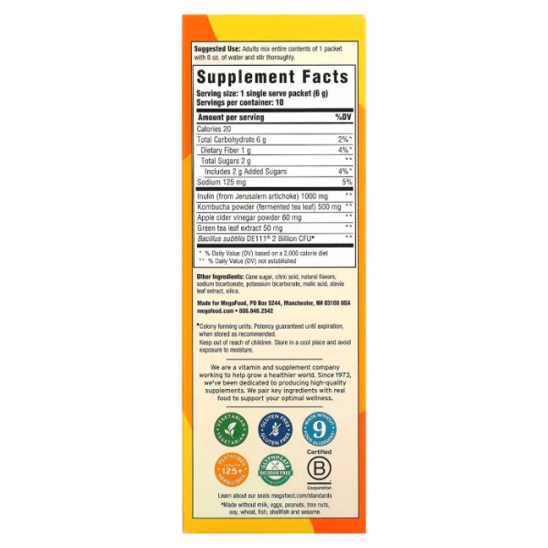 Підтримка травлення, Digestive Health, MegaFood, підсилювач води, ананас, манго, чайний гриб, 10 пакетиків по 6 г кожен