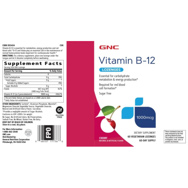 Вітамін В-12, Vitamin B-12, GNC 1000 мкг, смак вишні, 60 вегетаріанських льодяників