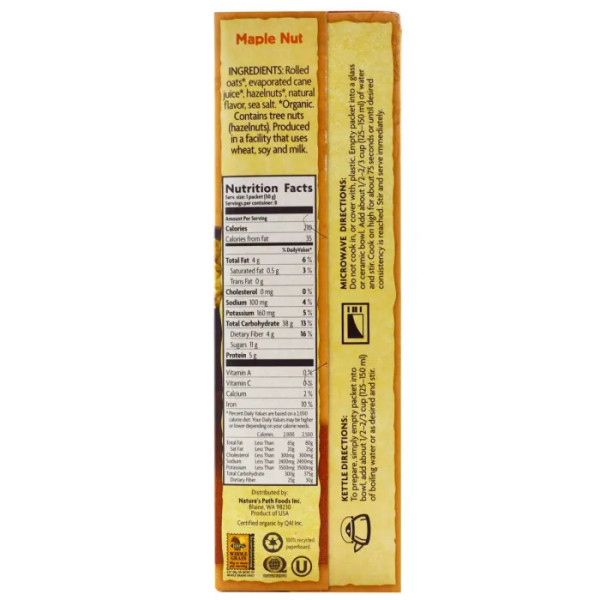 Вівсяна каша з горіхами і кленовим сиропом, Hot Oatmeal, Nature's Path, органік, 8 пакетиків по 50 г