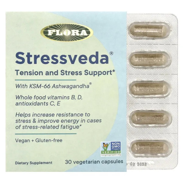 Підтримка напруги та стресу з ашвагандою KSM-66, Stressveda, Flora, 30 вегетаріанських капсул