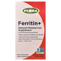 Ферритин 20 мг замедленного высвобождения, Flora Ferritin Plus, 30 веганских капсул